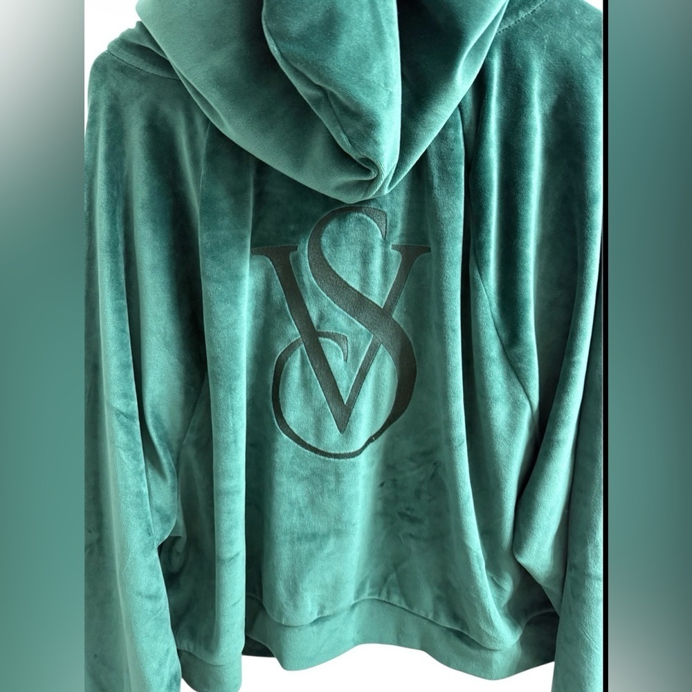 Victoria’s Secret Emerald Green Velour Zip Hoodie XL Plush Velvet Y2K Lounge - Picture 10 of 13